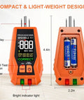 Three-Wire 120V AC Outlet Tester With GFCI Function, Detects Open Ground, Open Neutral, Hot Ground Reverse, Hot Neutral Reverse, Open Hot, Dual Open, Color LCD Screen, LED Indicator Lights, Must-Have Standard 3-Wire Receptacle Tester, front and back view