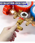 1/4 Inch SAE AC Valve Core Tee Adapter With Brass Swivel Connector installation on HVAC manifold