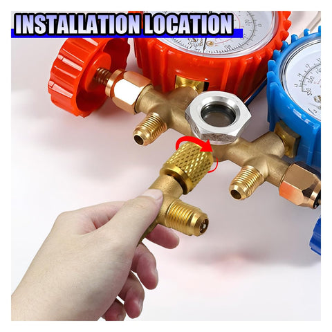 1/4 Inch SAE AC Valve Core Tee Adapter With Brass Swivel Connector installation on HVAC manifold