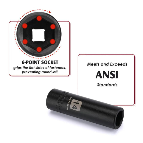 1/2 Inch Drive Deep Impact Socket Set Built Tough With CR-V Steel For Heavy Duty Use, 6-point socket, ANSI standards