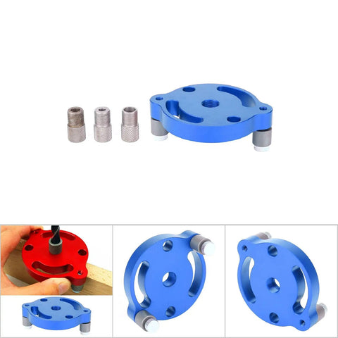 Heavy Duty Aluminum Wood Panel Hole Puncher With Ridiculously Precise Center Punching Gauge, blue body with three sleeves for precise drilling.