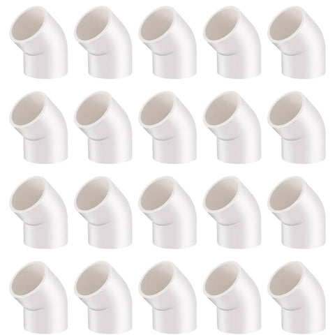 1/2 Inch PVC 45 Degree Elbow Fittings Socket To Socket Pack Of 20, Heavy Duty Right Angle Pipe Fittings For DIY Projects, arranged in grid