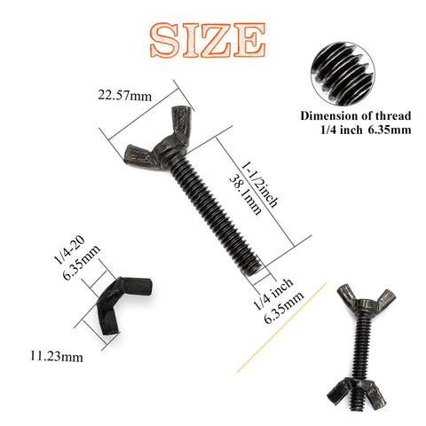 15 Sets 1/4-20 Wing Head Screws Bolts And Wing Nuts Kit With Butterfly Screws, dimensions and details, black zinc plated