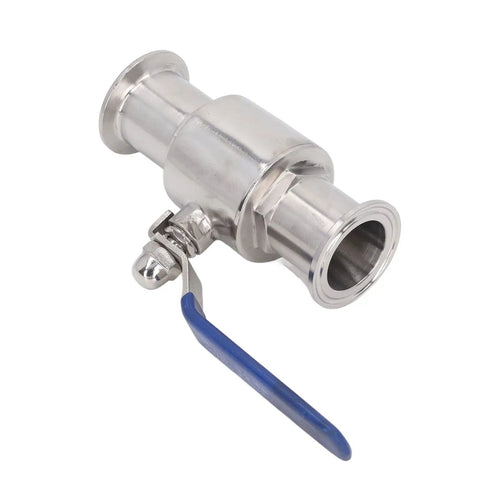 Heavy Duty Clamp Ball Valve With 304 Stainless Steel Body For Quick Grab Installation And Smooth Plumbing Flow Control close-up view with blue lever.
