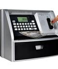 Kid Friendly ATM Piggy Bank With Electronic Coin Counter Card And Password Mini ATM Machine For Kids Educational Savings Toy With Goal Tracker Perfect Birthday Gift For Boys And Girls, black and silver, in use