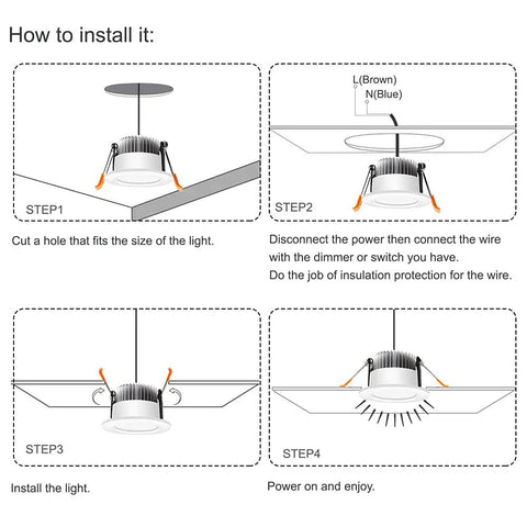 Installation steps for 2 Inch Recessed LED Downlights Dimmable 3W Energy Saving Equivalent To 35W Halogen 3000K Warm White CRI 80 Keeps It Bright