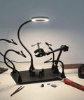 DIY Friendly Pro Grade Heavy Duty Soldering Stand With 360 Degree Rotating Clamp 3X LED Magnifying Lamp setup for electronics repair