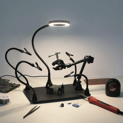 DIY Friendly Pro Grade Heavy Duty Soldering Stand With 360 Degree Rotating Clamp 3X LED Magnifying Lamp setup for electronics repair
