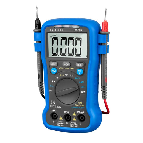 Front view of the Beefy 4000-Count Auto-Ranging Digital Multimeter Kit for AC/DC voltage, current, resistance tests with probes attached.