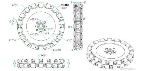 Omni wheel 8in omnidirectional robot wheel, dual-wheel assembly, top and side view technical drawing.