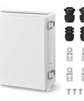 Super Heavy Duty IP67 Waterproof Junction Box With Secure Hinged Lid And Multiple Cable Glands, outdoor electrical enclosure with accessories.
