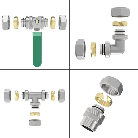 Three Quarter Inch Compressed Air Piping System With 100 Ft HDPE Aluminum Hose And Aluminum Outlet Blocks fittings close-up