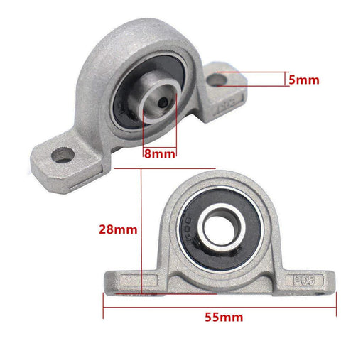Pillow block bearing, 8 mm bore, gray metal housing with mounting feet – front view
