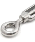 M10 Stainless Steel Hook Eye Turnbuckle Solid As A Rock For Marine Rigging Adjustable Cable Tensioner close-up view with detailed hook.