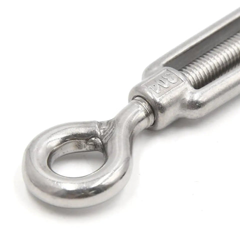 M10 Stainless Steel Hook Eye Turnbuckle Solid As A Rock For Marine Rigging Adjustable Cable Tensioner close-up view with detailed hook.