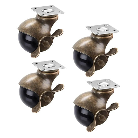 Heavy Duty Vintage Brass Swivel Caster Wheels 2 Inch Solid Metal Plate Rolling Hardware For Tables Shelves Workbenches Furniture Indoor Outdoor Home Upgrades Durable Four Pack Smooth Cruising Setup in bronze with black wheels.