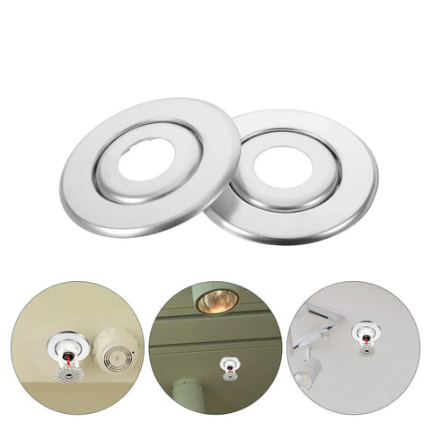 18 Pack Rock Solid Metal Fire Sprinkler Trim Rings Heavy Duty Escutcheon Plates silver trim rings shown in various ceiling installations.
