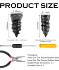 Diagram of 60 Piece Tire Plug Kit With Self Tapping Plugs And A 2 In 1 Screwdriver And Needle Nose Pliers dimensions and packaging contents