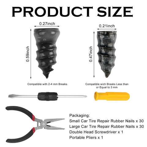 Diagram of 60 Piece Tire Plug Kit With Self Tapping Plugs And A 2 In 1 Screwdriver And Needle Nose Pliers dimensions and packaging contents