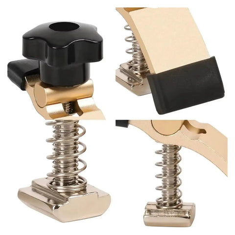 Close-up of Two Pack Aluminum T Track Hold Down Clamps with Quick Lock for CNC Machines and Routers showing clamp details.