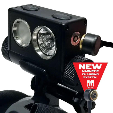 HL-10 Explorer Rechargeable LED Headlamp With 2500 Lumens, close-up of lens and magnetic charging system