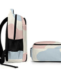 Side view of Two-Tone Abstract Print Backpack For Everyone, large capacity unisex daypack with smooth zipper, polyester build.