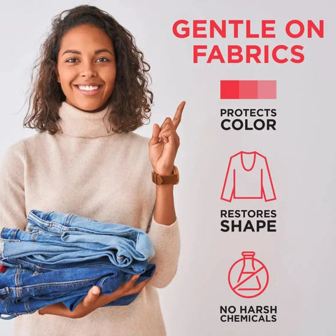Woman holding denim clothes, smiling with text highlighting 'Gentle on Fabrics' benefits of At-Home Dry Cleaning Kit With Breeze Clean Scent.