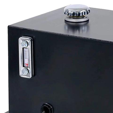 Close-up of 10 Gallon Welded Steel Hydraulic Reservoir Tank 14 Gauge Metal Construction Black Finish with breather cover