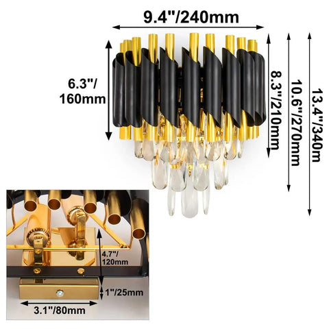 Dope Modern Crystal Wall Sconce With 2 E12 Sockets, 3-Tier Crystal Drops, Gold Finished Shade, dimensions shown