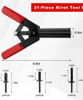 Beefy Heavy Duty Rivet Gun Set With 31 Piece Blind Rivet Kit and Non Slip Steel Hand Riveter for Car Panels, tool dimensions shown