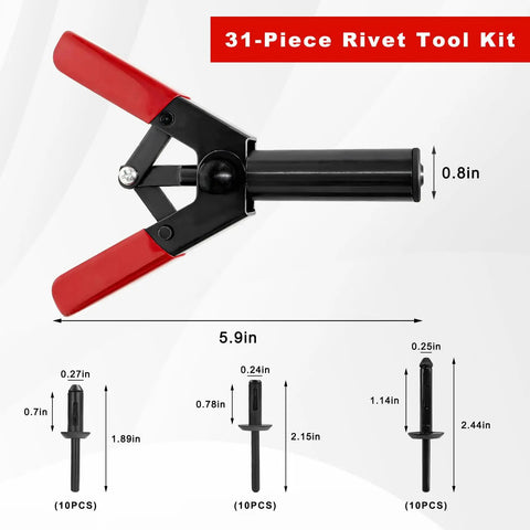 Beefy Heavy Duty Rivet Gun Set With 31 Piece Blind Rivet Kit and Non Slip Steel Hand Riveter for Car Panels, tool dimensions shown