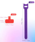 48 Piece Cable Labels And Ties Cord Organizer Kit with red writable tags and purple reusable ties, dimensions labeled.