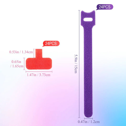 48 Piece Cable Labels And Ties Cord Organizer Kit with red writable tags and purple reusable ties, dimensions labeled.