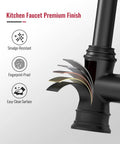 Matte Black Kitchen Faucet With Pull Down Sprayer Single Handle High Arc Three Function Waterway close-up