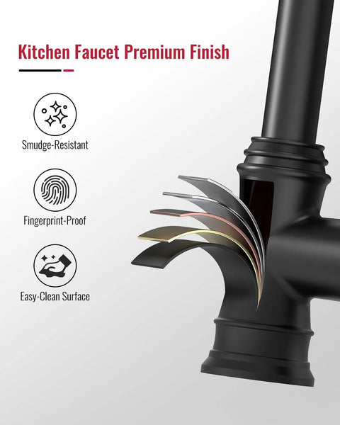 Matte Black Kitchen Faucet With Pull Down Sprayer Single Handle High Arc Three Function Waterway close-up