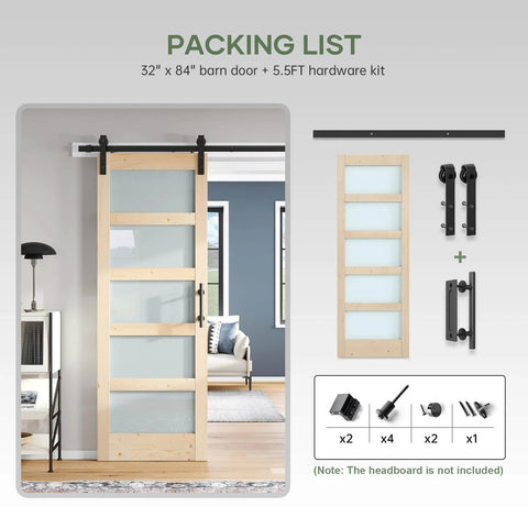32x84 Inch Glass Sliding Barn Door Slab With 5.5ft Hardware Kit Included, Frosted 5 Panel Glass, Spruce Wood Support in modern home
