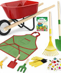 Kid Friendly Gardening Wheelbarrow Set With Real Wheelbarrow, Wooden Tools, Apron, Gloves, Plant Stickers And STEM Guide