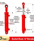 Diagram of 2x6 Hydraulic Cylinder Double Acting Welded Heavy Duty 3 Ton Unit with dimensions, stroke, and bore details displayed