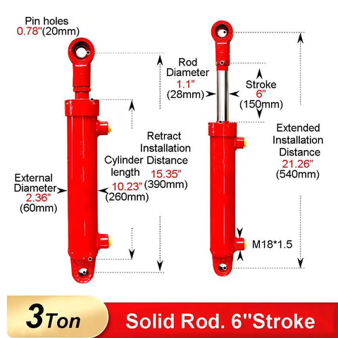 Diagram of 2x6 Hydraulic Cylinder Double Acting Welded Heavy Duty 3 Ton Unit with dimensions, stroke, and bore details displayed