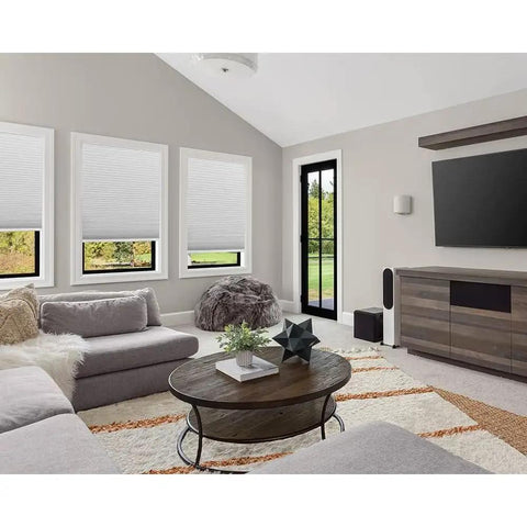 No Tools Easy Lift Cordless Cellular Blackout Shade White With Trim At Home Scale And Guide Easy Stick Peel And Place Mount 30 W By 64 L Fits 19 To 30 Inch Windows in a modern living room