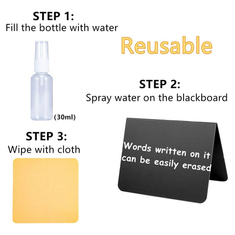 Steps to reuse the 20 Piece Mini Chalkboard Signs For Food, including a spray bottle, blackboard, and cleaning cloth.