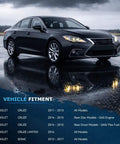 Black Chevy sedan on wet pavement with vehicle fitment chart for Cruze and Sonic models.