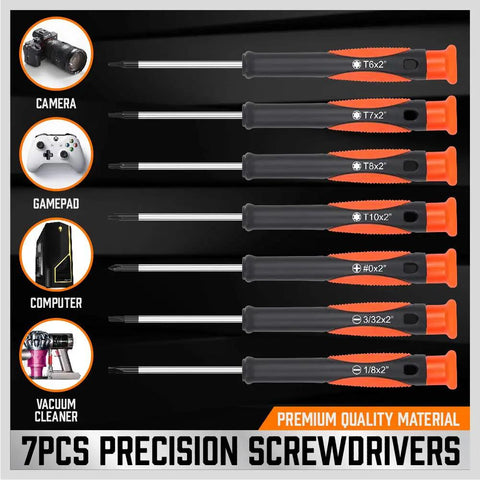 All In One 124-Piece Magnetic Screwdriver Set With Plastic Racking, Precision Drivers, closeup of 7 precision screwdrivers sizes