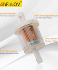 See-Through 40 Micron Fuel Filter for Lawn Mowers, 1/4 Inch Hose, durable transparent design with labeled features