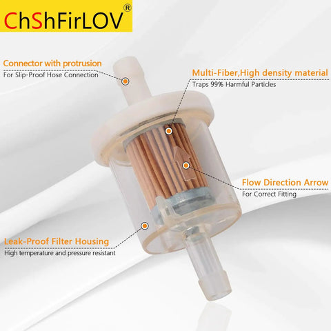 See-Through 40 Micron Fuel Filter for Lawn Mowers, 1/4 Inch Hose, durable transparent design with labeled features