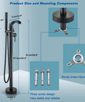 Dual Function Freestanding Tub Filler Faucet In Oil Rubbed Bronze With Waterfall Flow, showing size and mounting components.