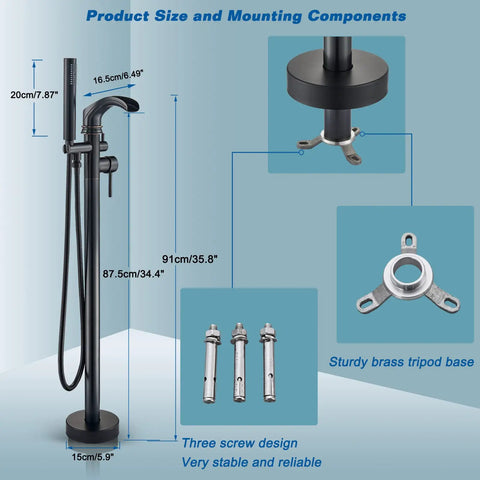 Dual Function Freestanding Tub Filler Faucet In Oil Rubbed Bronze With Waterfall Flow, showing size and mounting components.