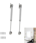 Two Pack Soft Close Toy Box Hinges With 100N Gas Strut for Heavy Lids, shown with mounting screws and installed view