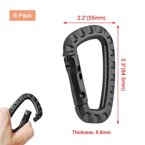 6-Pack Tactical Carabiner Keychain Clips Set Heavy Duty Plastic D-Ring Snap Hooks for Backpack, black clip size shown