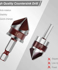 Front view of a 5-piece 82-degree HSS countersink drill bit set with 3/4-inch countersink and 1/4-inch hex shanks.